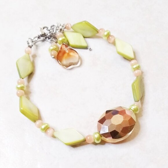 Charteuse & Apricot! Beaded Bracelet: Shell Crystal CatsEye Faux Pearls FOR 7-8" - Picture 1 of 11